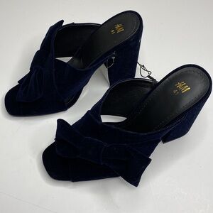H&M Womens Velvet Bow Block Heel Mules Navy Blue Elegant Sandals Size 9-1/2